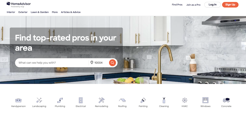 - Housecall Pro Hero banner in a bright kitchen with a translucent overlay reading 'Find top-rated pros in your area' and a search field for location; a row of home-service icons below (Handyman, Landscaping, Plumbing, Electrical, Remodeling, Roofing, Painting, Cleaning, HVAC, Windows, Concrete).