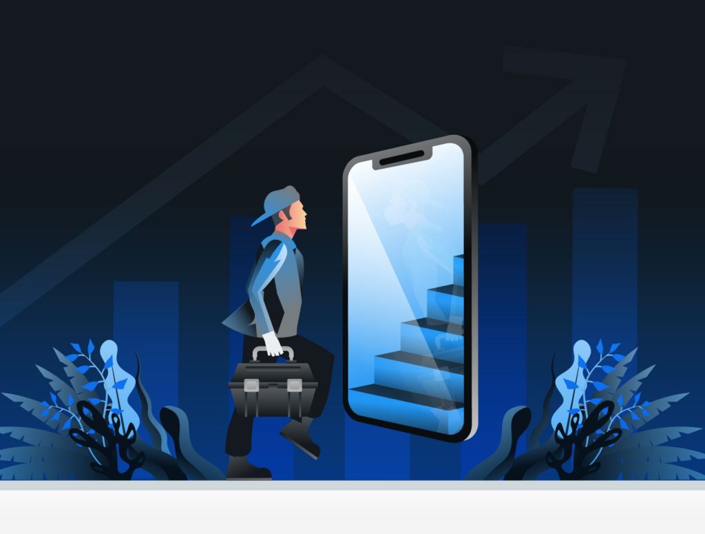 Illustration of a professional worker stepping up with technology