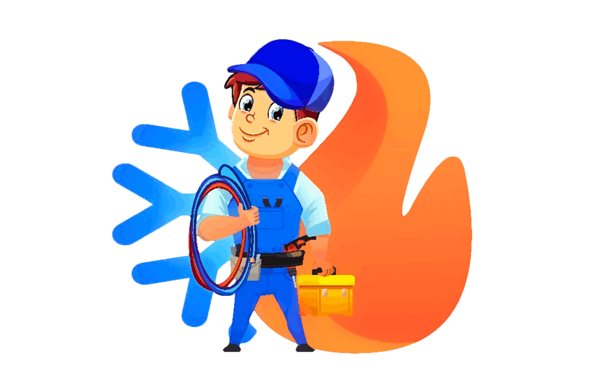 illustrated person in front of heating and cooling icons for a business