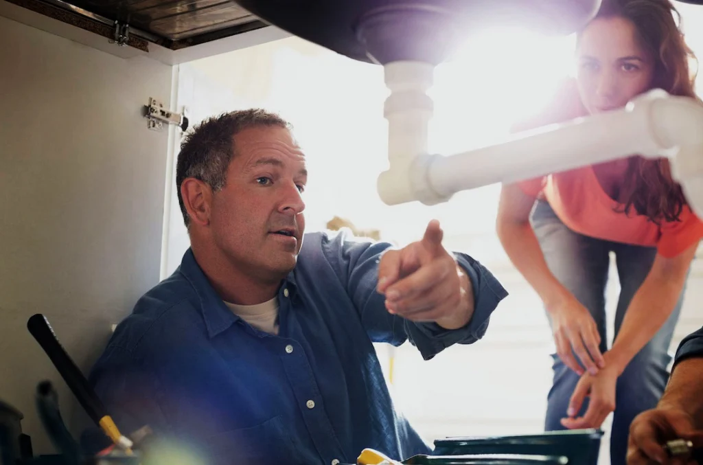 Plumber showing woman under the sink