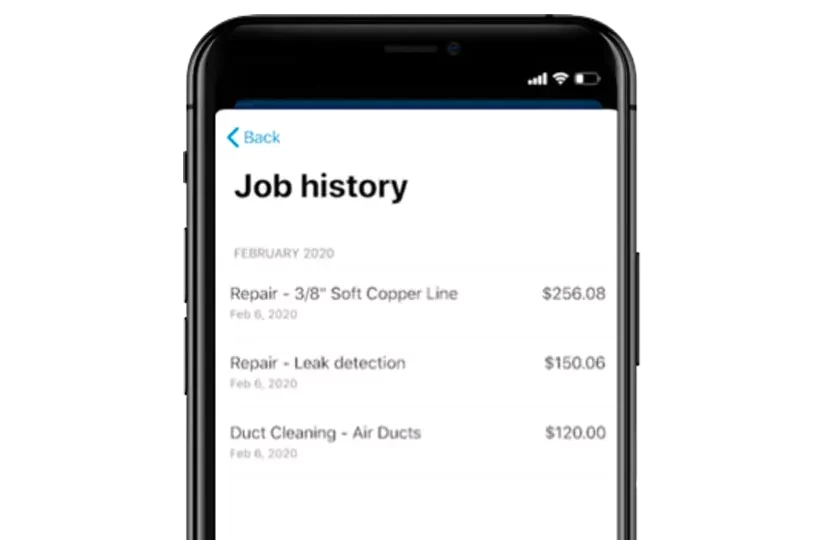 Job tracking software, job history screenshot
