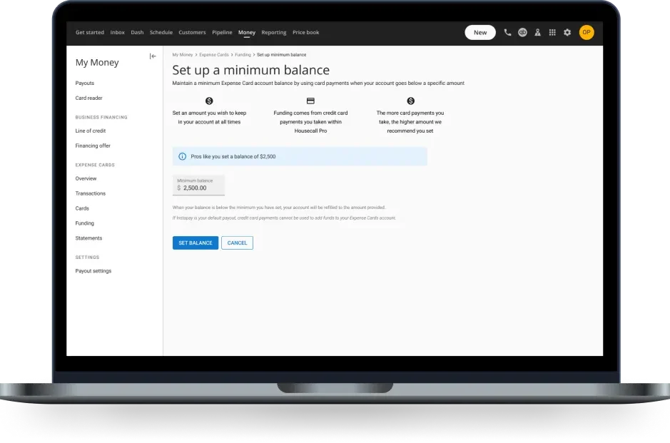 - Housecall Pro HCP money feature minimum balance screen laptop mock up
