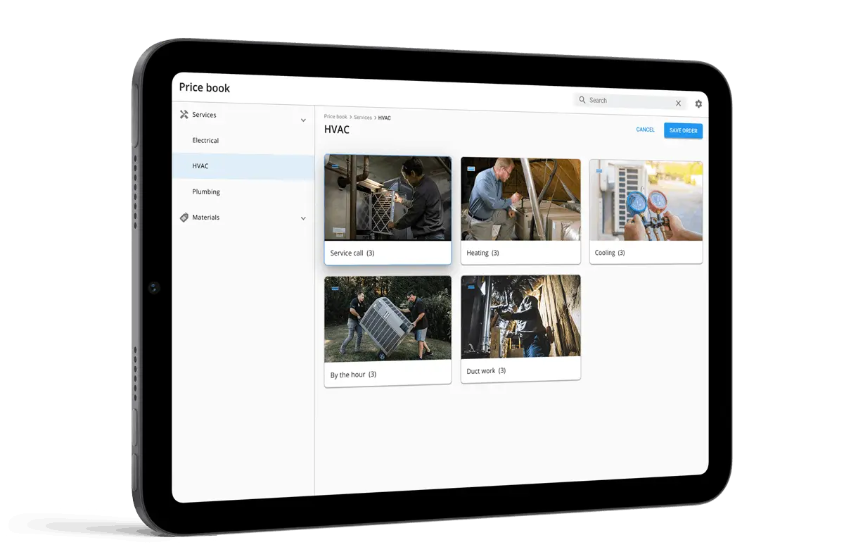 Housecall Pro HVAC pricebook tablet mock up