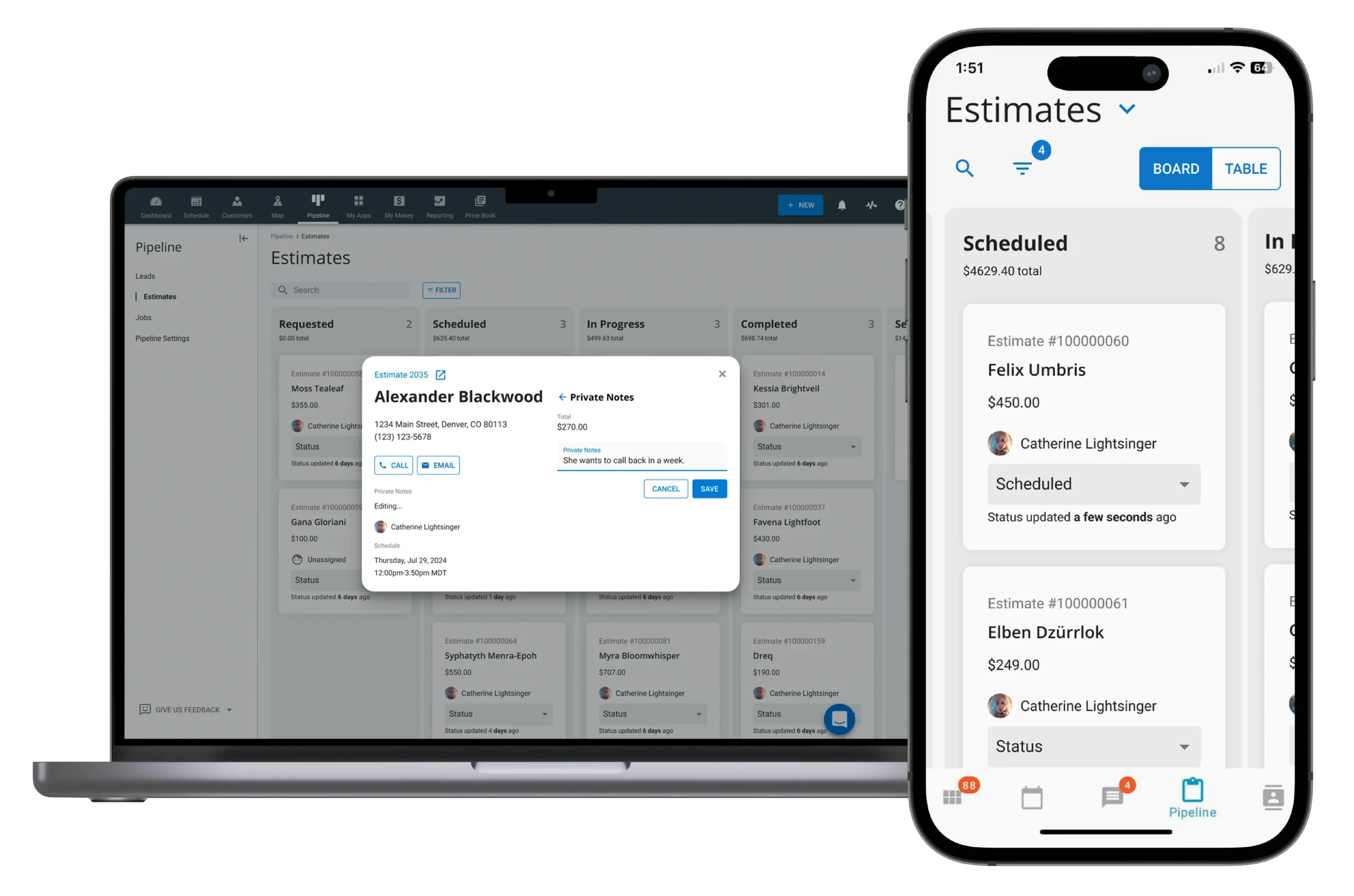 Laptop and phone mock up of Housecall Pro's pipeline's lead management workflow feature