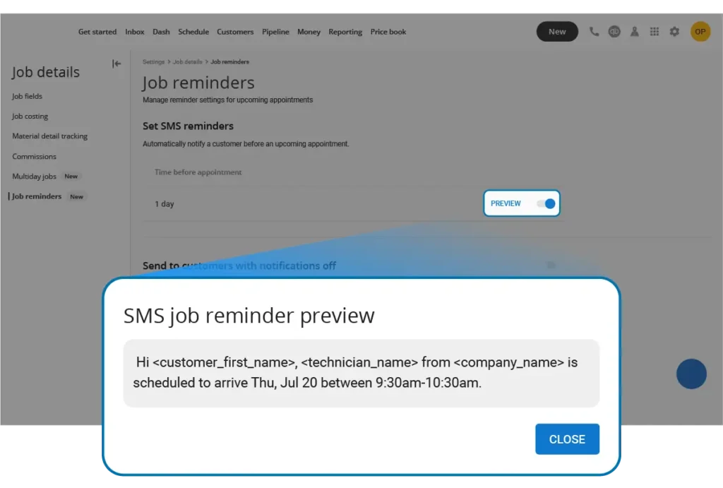 Housecall Pro SMS job reminders
