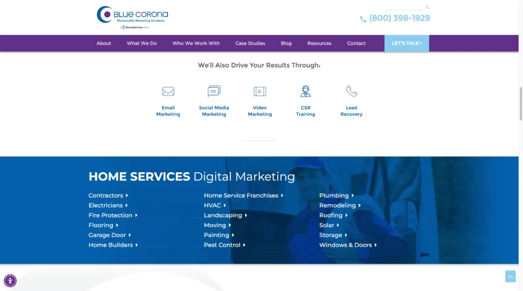 Blue Corona Home Services Marketing Agency Website Screenshot