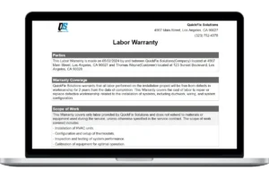 A labor warranty template document listing a 2-year workmanship guarantee, scope of work coverage, and exclusions for an HVAC installation project.