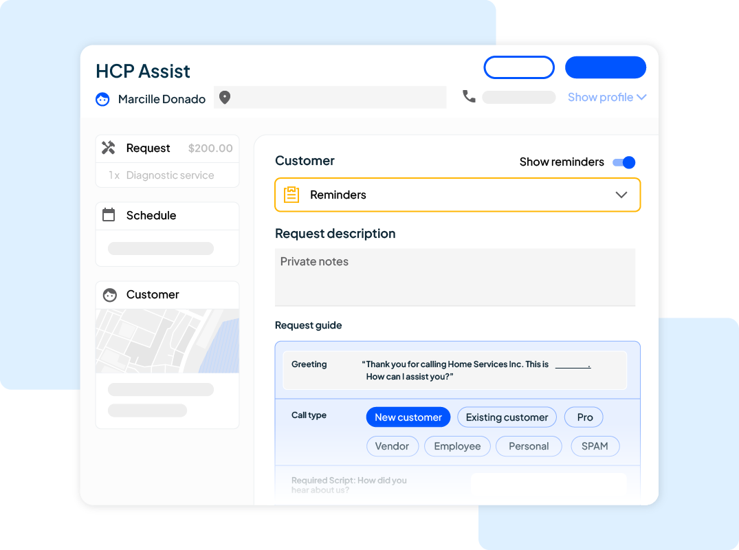 HCP assist call answering service dashboard