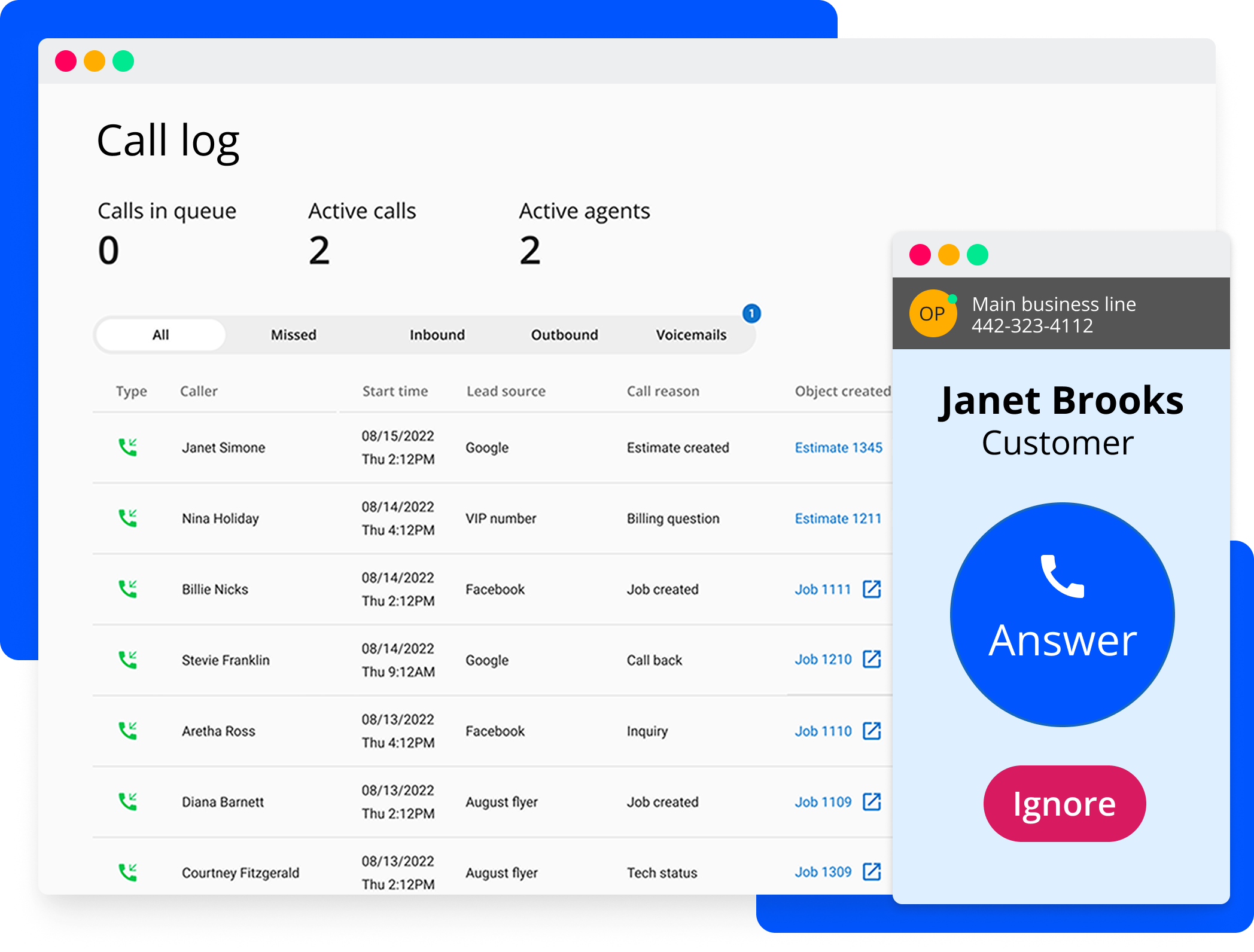 Call log history view of Housecall Pros answering service software