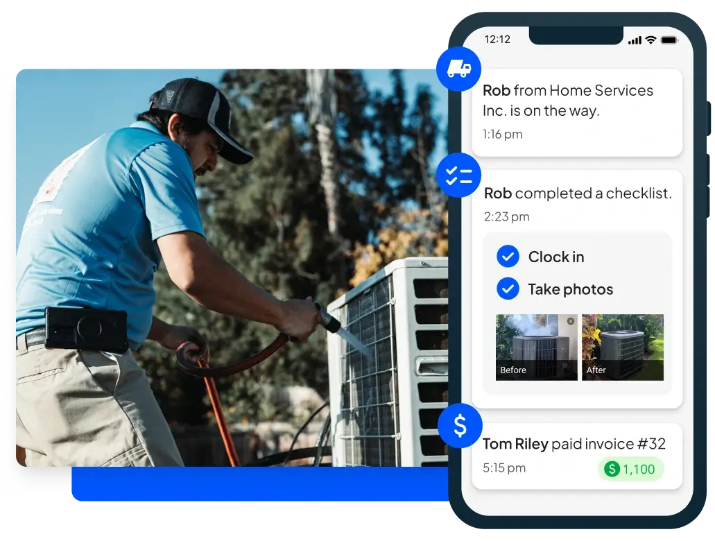 Pro holds hose as he cleans appliance with water + appliance repair software from Housecall Pro mobile view