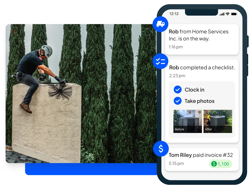 Pro inspects chimney + Housecall Pros' chimney sweep software mobile view