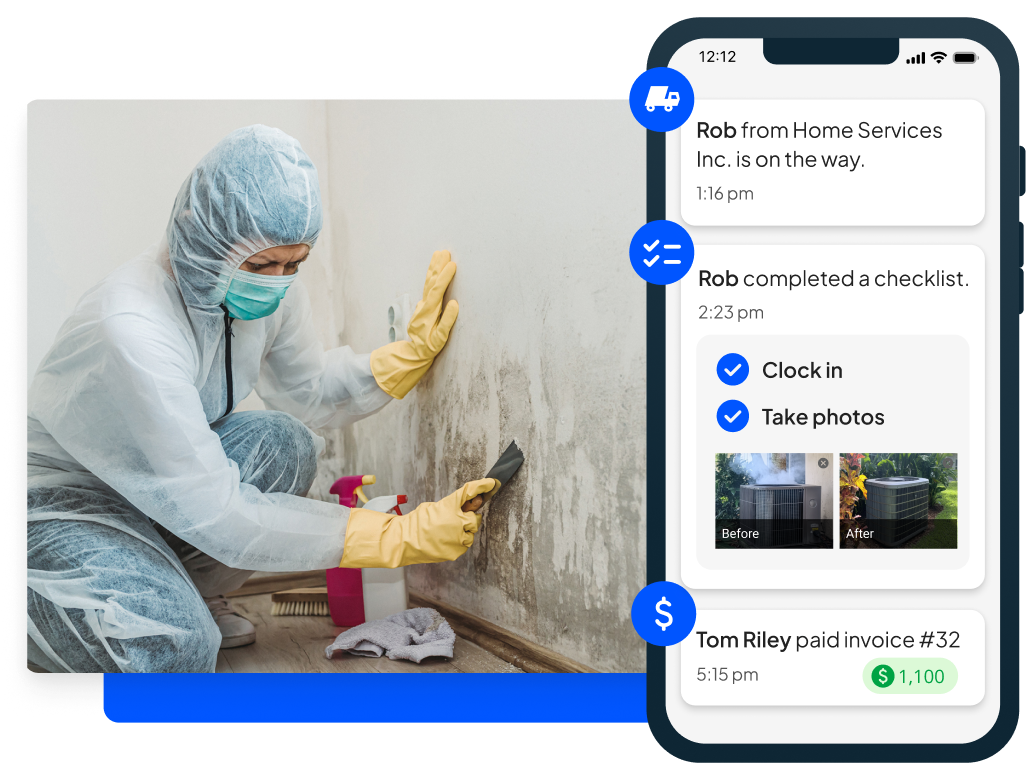 Cleaner scrapes dirt off a wall + Housecall Pros' cleaning software mobile view