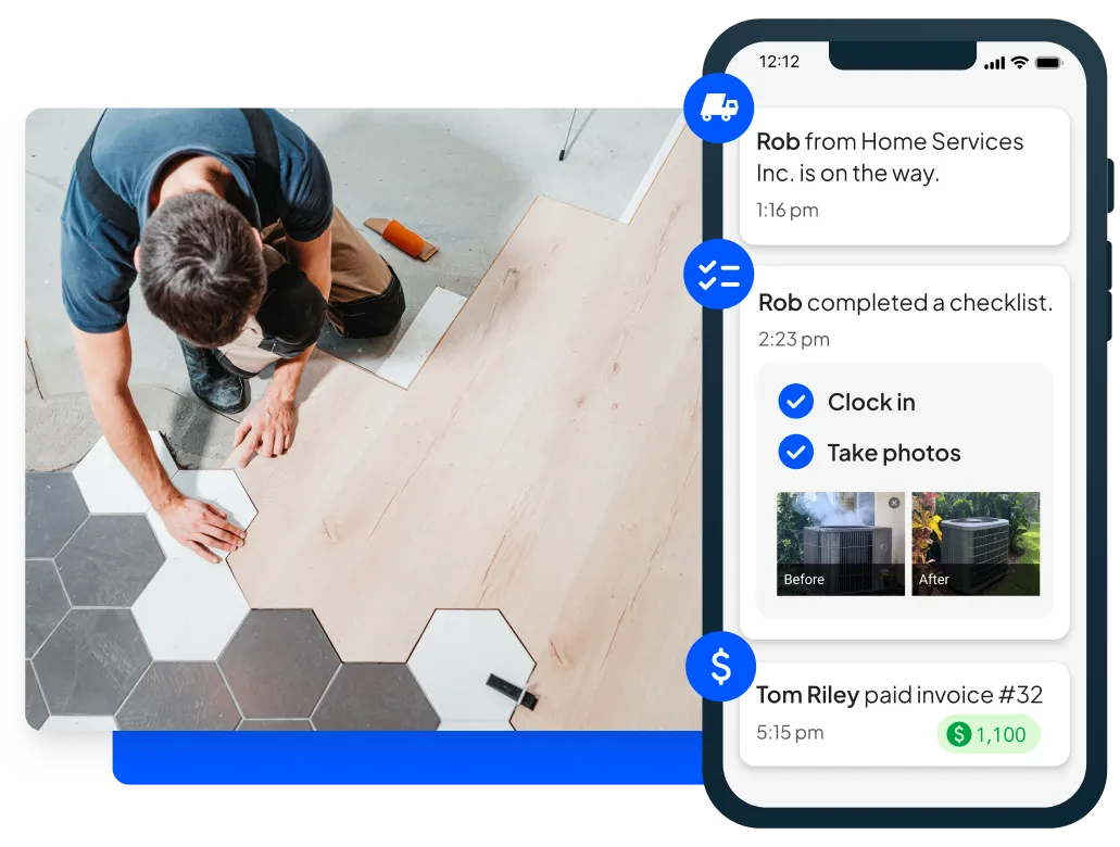 Carpenter installs flooring + Housecall Pros' custom home building software mobile view