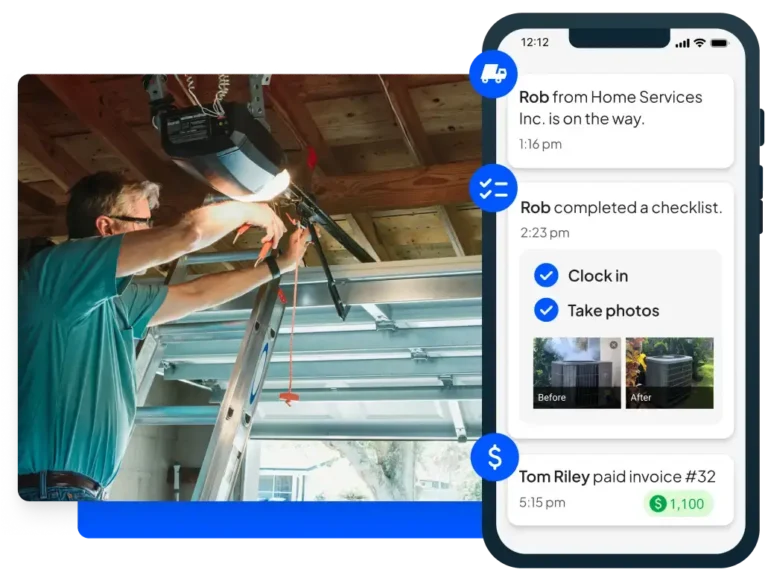 Pro services garage door motor + Housecall Pros' software mobile view