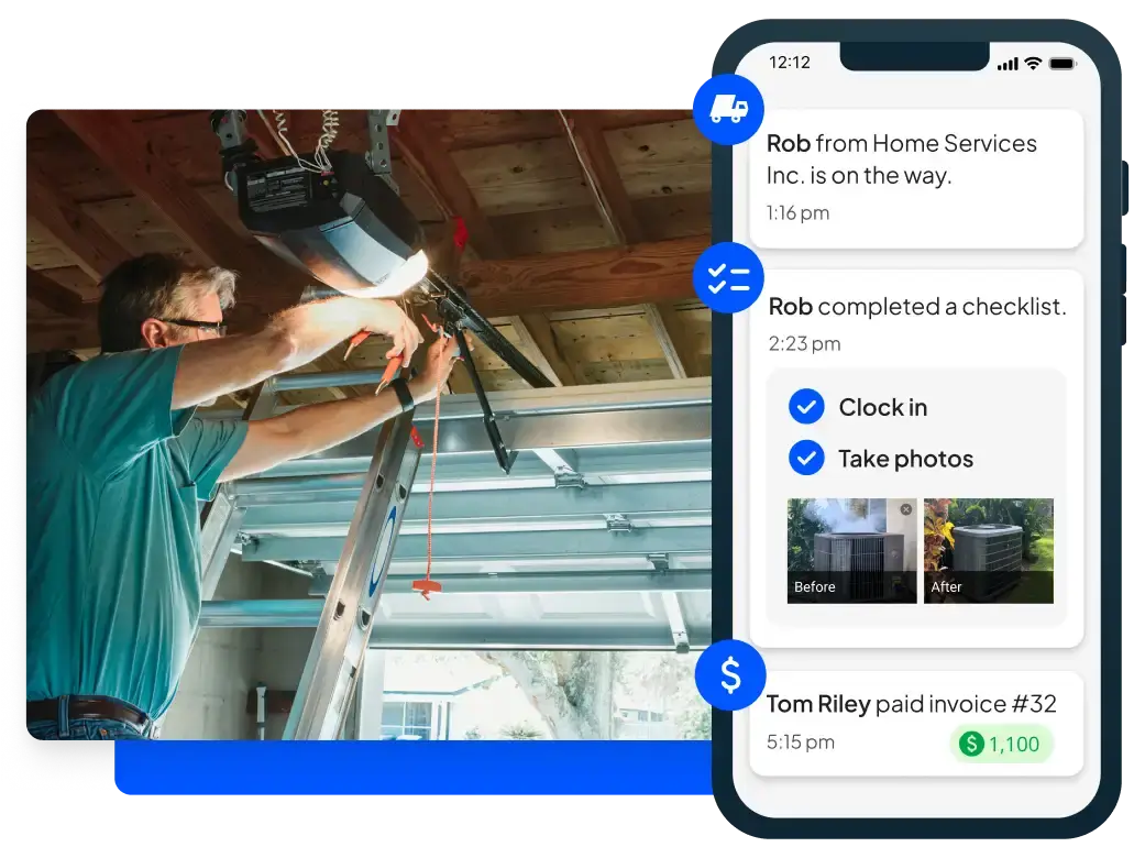 Pro services garage door motor + Housecall Pros' software mobile view