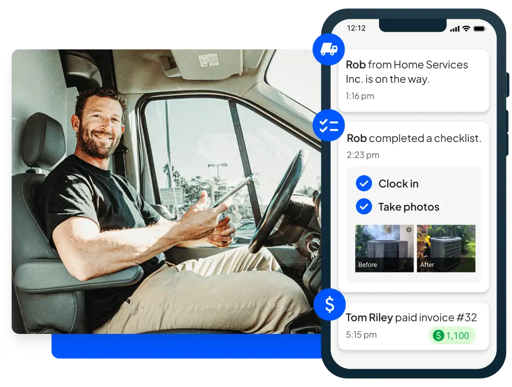 Handyman sitting in his work vehicle on his tablet using handyman software from Housecall Pro