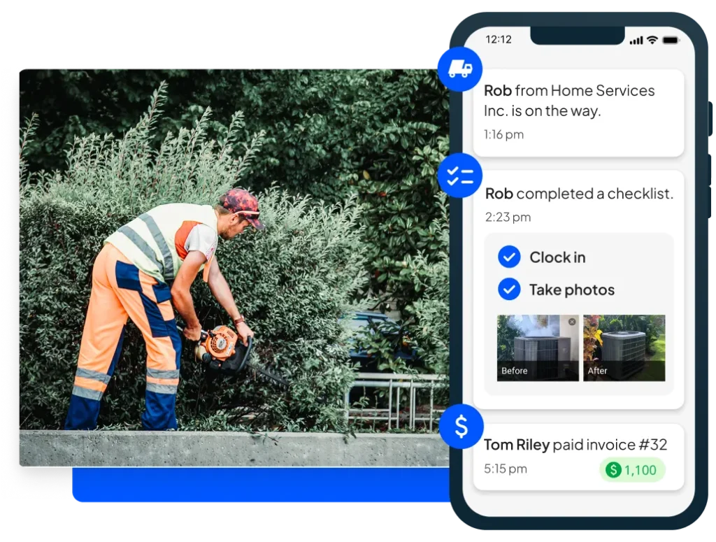 - Housecall Pro Landscaper trims bush + HCP landscaping software mobile view