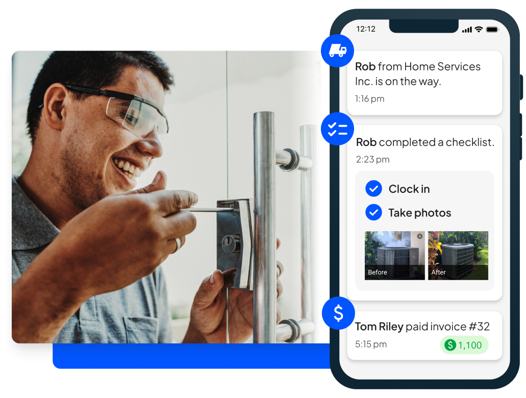 Locksmith screws in door lock + Housecall Pros' locksmith software mobile view