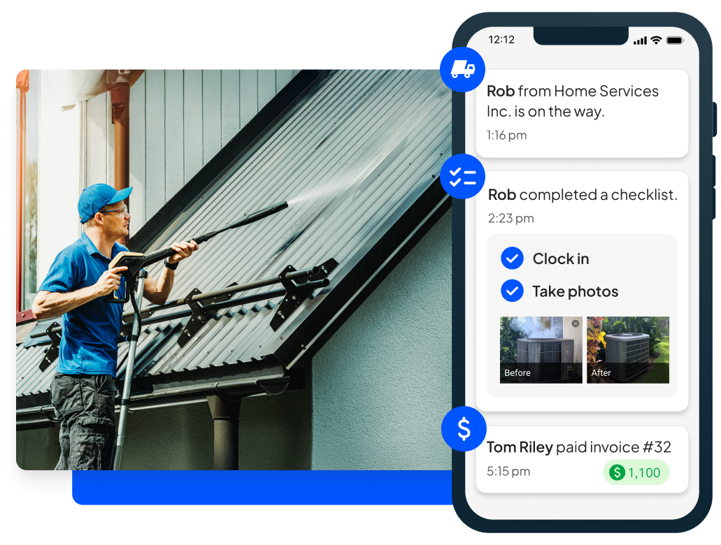 Pro power washes roof + Housecall Pros' business software mobile view