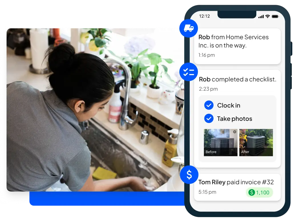 Maid cleaning kitchen sink + Cleaning business software from Housecall Pro mobile view