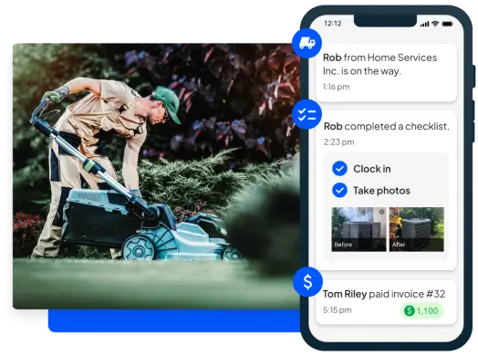 Lawn care pro starting lawn mower + Lawn business software from Housecall Pro mobile view