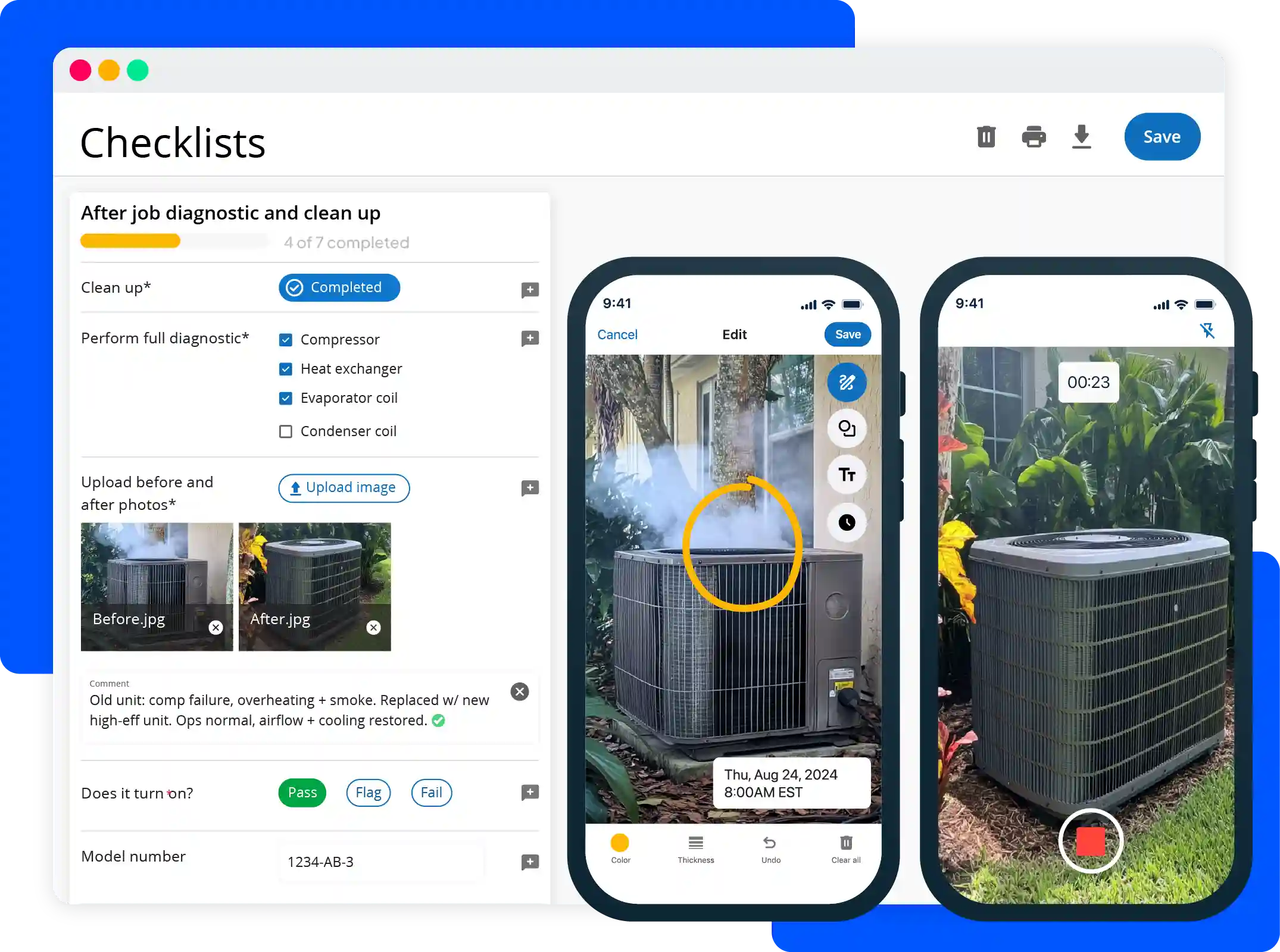 Before and after HVAC unit install with diagnostic checklists inside of Housecall Pros' job site photo tracking app
