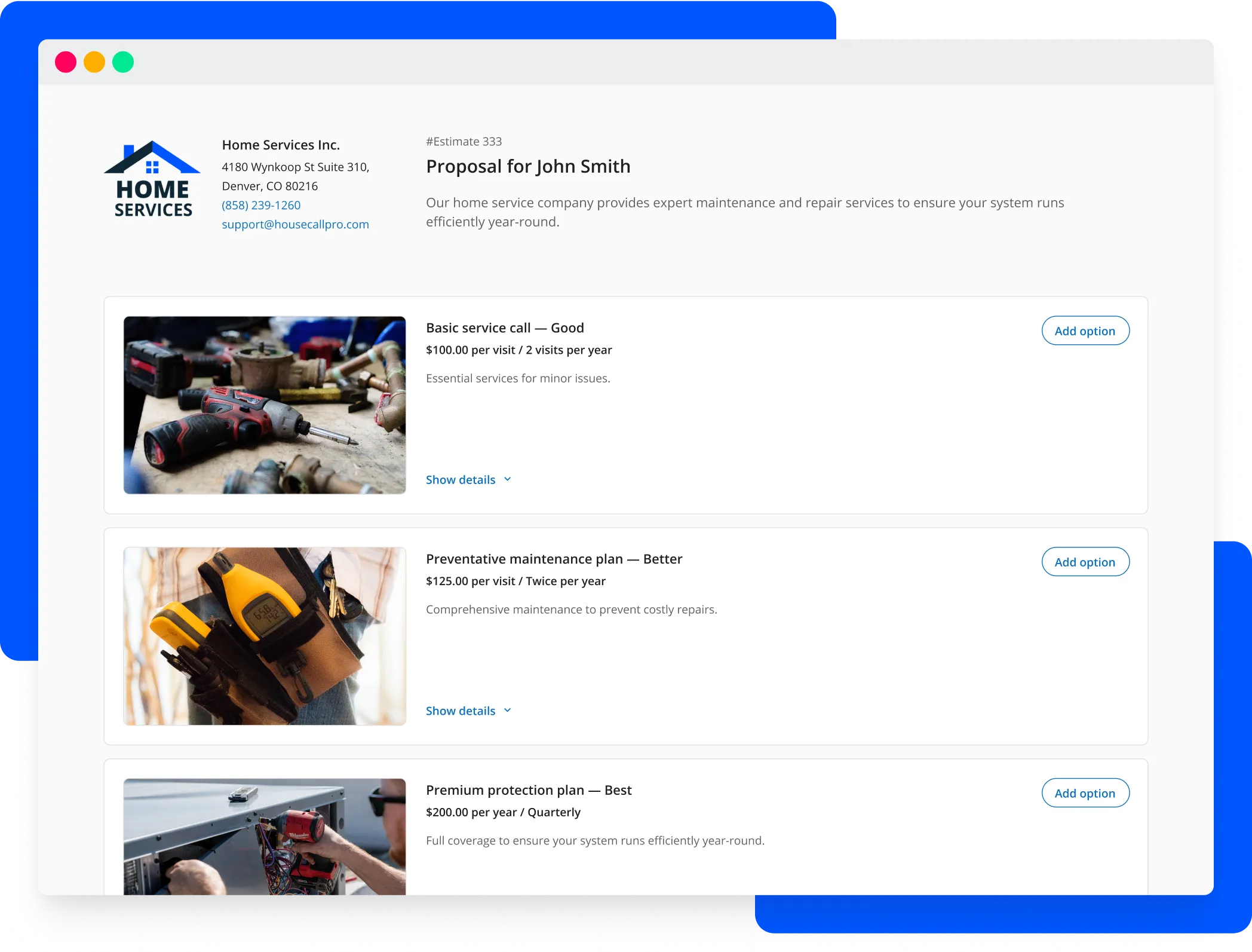 Housecall Pros' sales proposal & service plan software