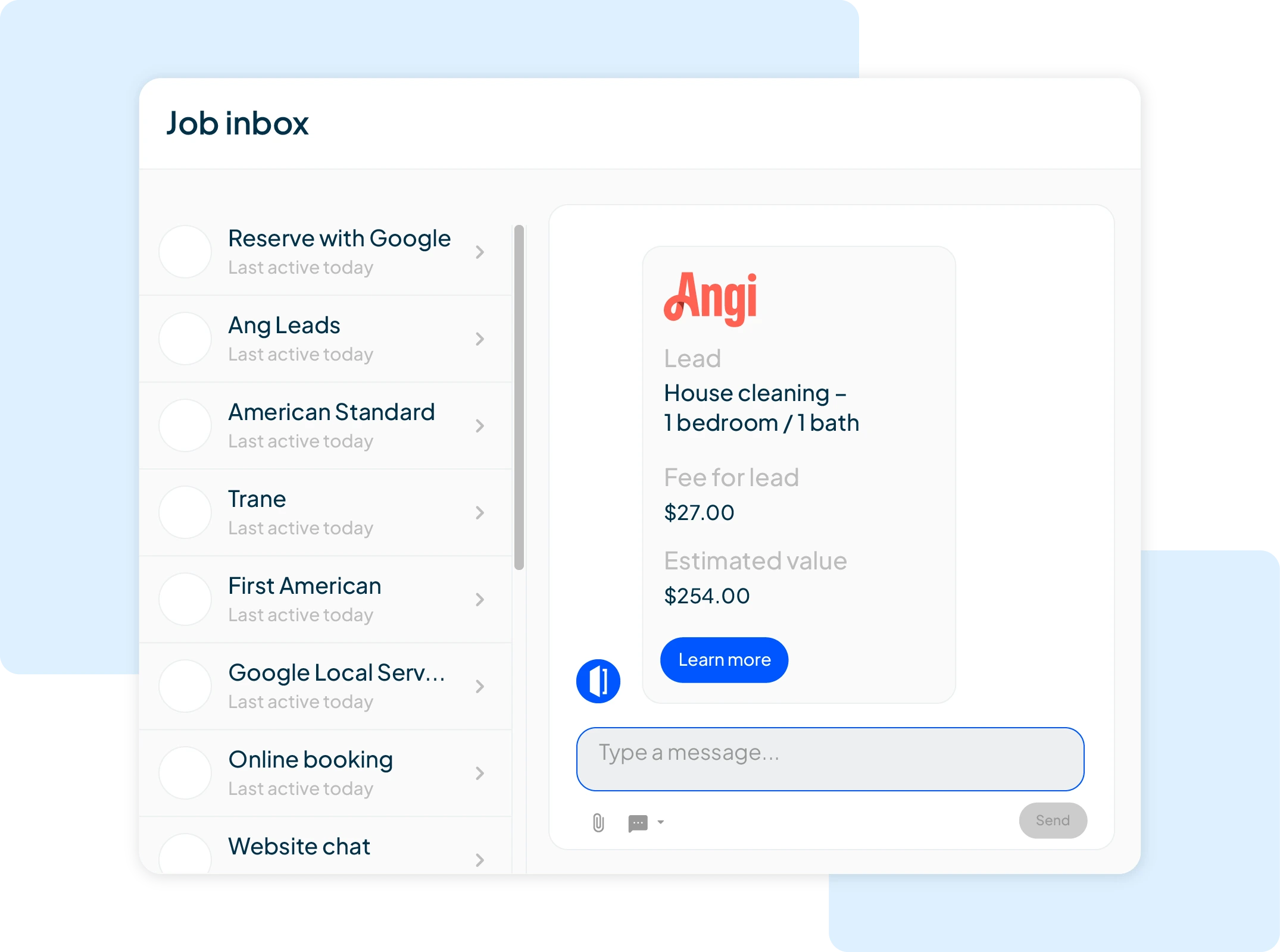 - Housecall Pro Job inbox in HCP with house cleaning lead notification from Angi