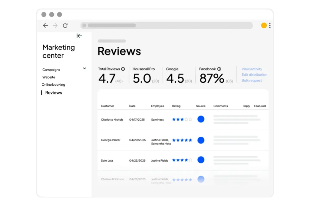 - Housecall Pro Reviews dashboard in HCP's marketing center