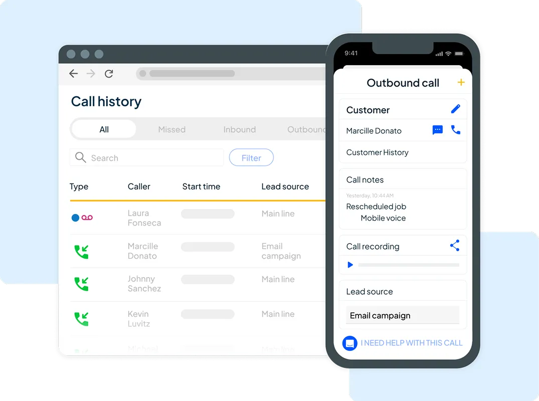 Desktop and mobile call history log inside of HCP
