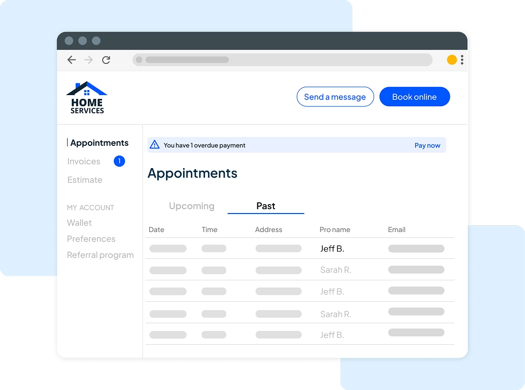 Upcoming and past appointment history inside HCP's customer portal software