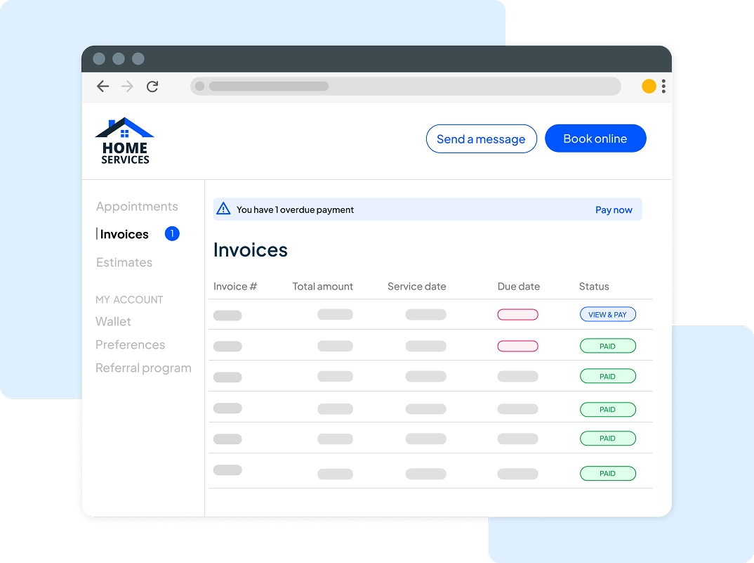 Invoice status and history view inside of HCP's client portal software