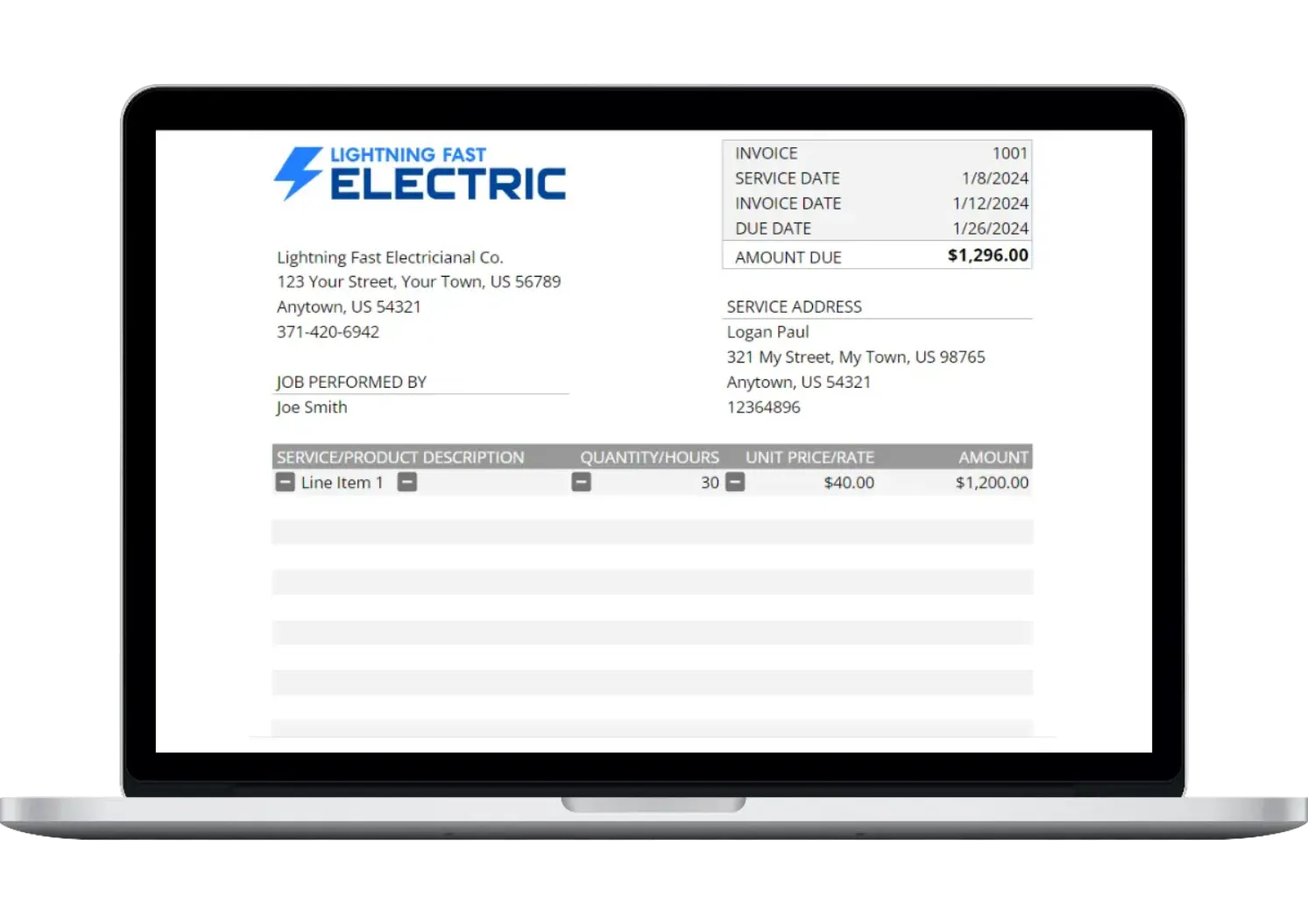 Free electrical invoice template from Housecall Pro
