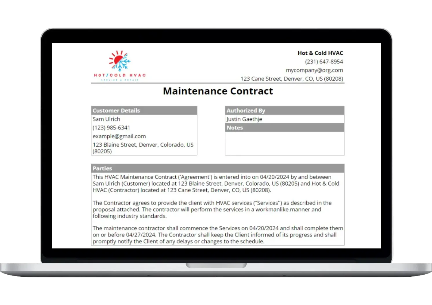 laptop showing the free hvac maintenance contract template, made by Housecall Pro