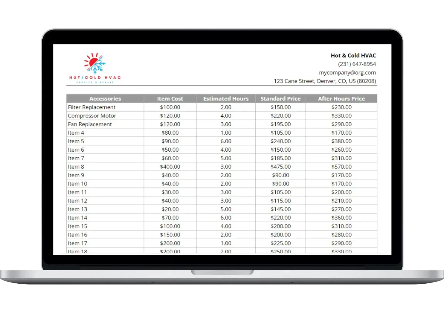 laptop showing a glimpse of hvac price book template