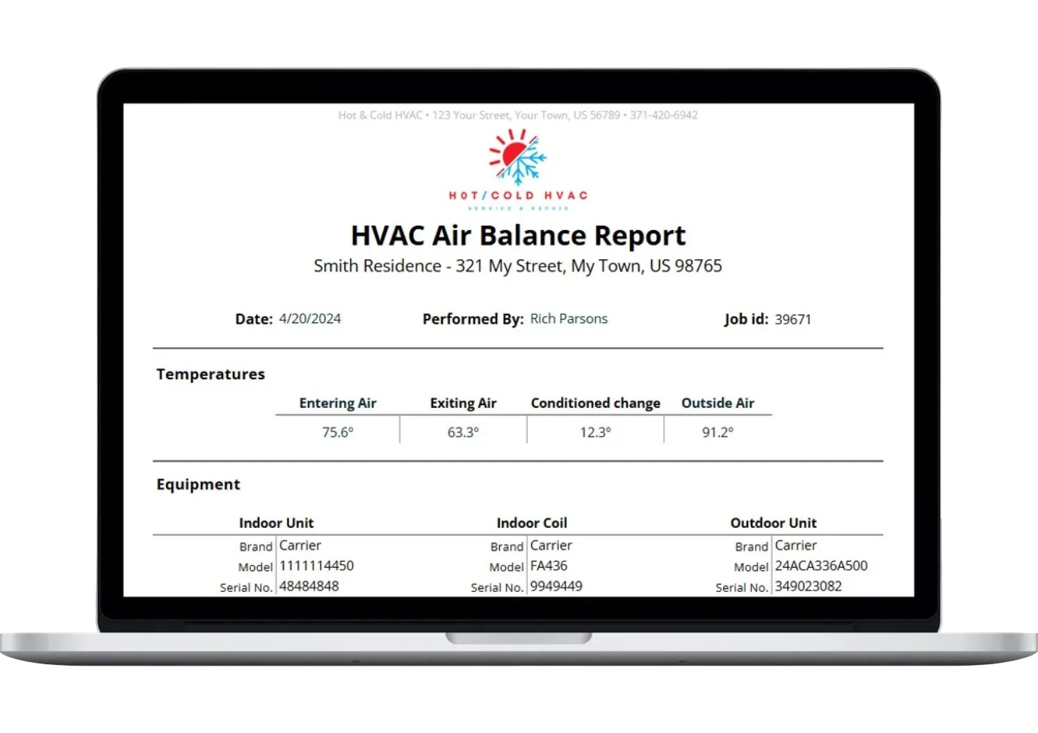 laptop showing the free HVAC air balance report template made by Housecall Pro