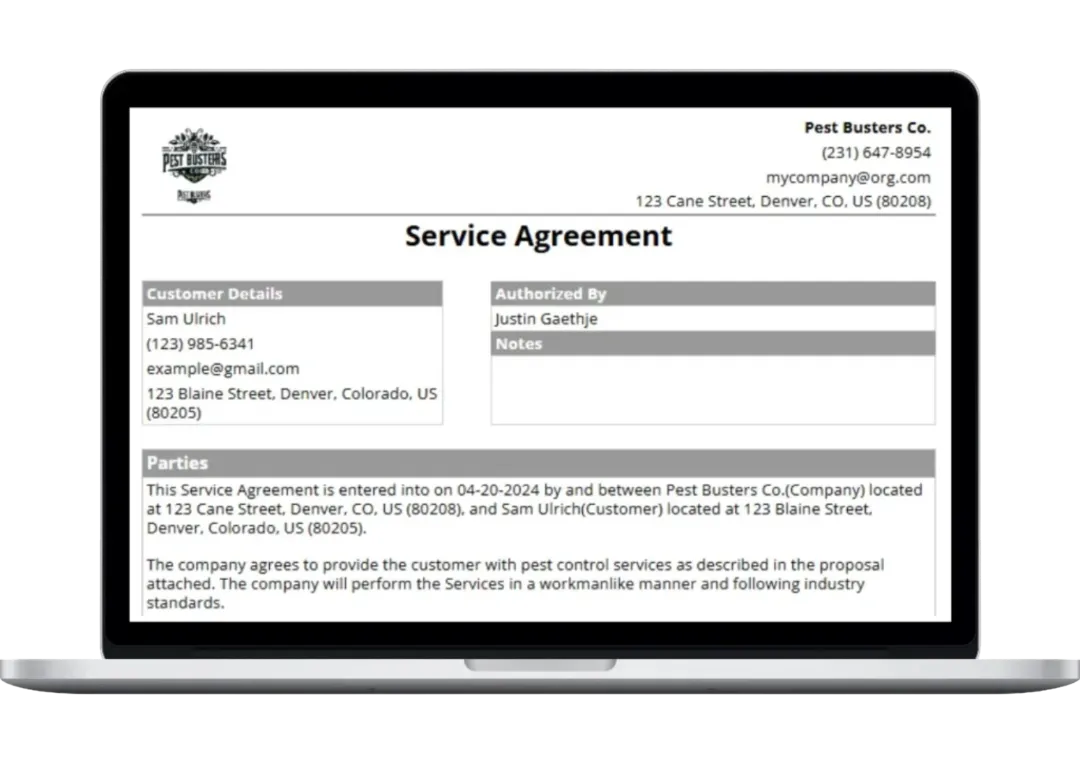 laptop showing the free pest control service agreement template from Housecall Pro