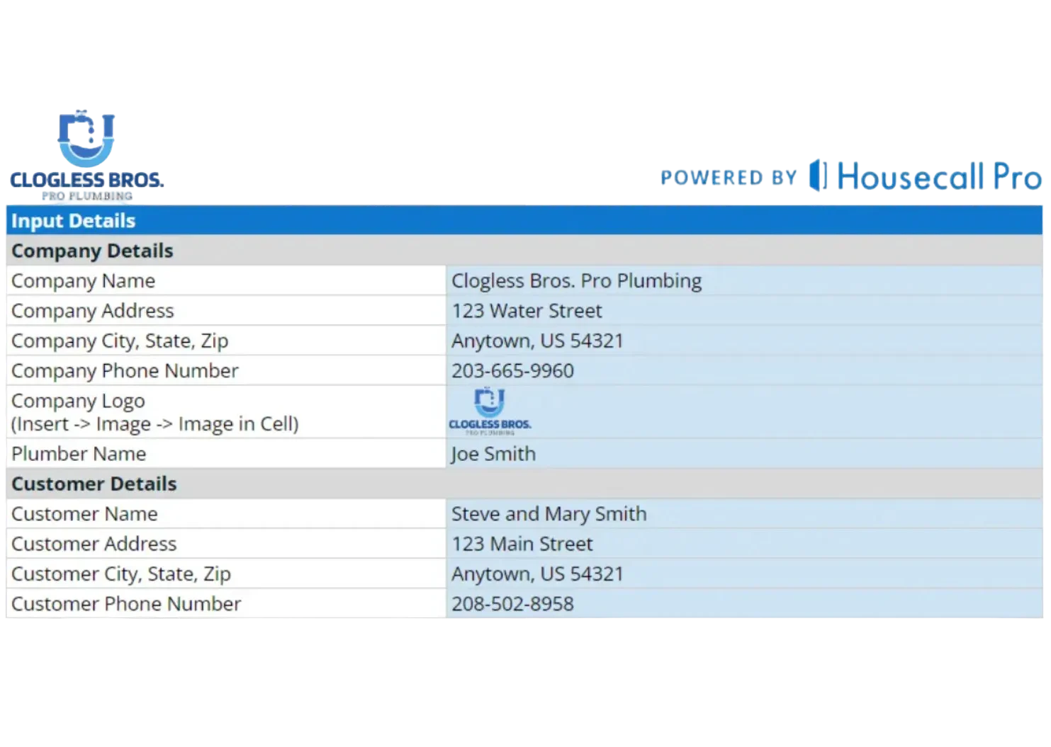 - Housecall Pro details of input details for plumbing invoice