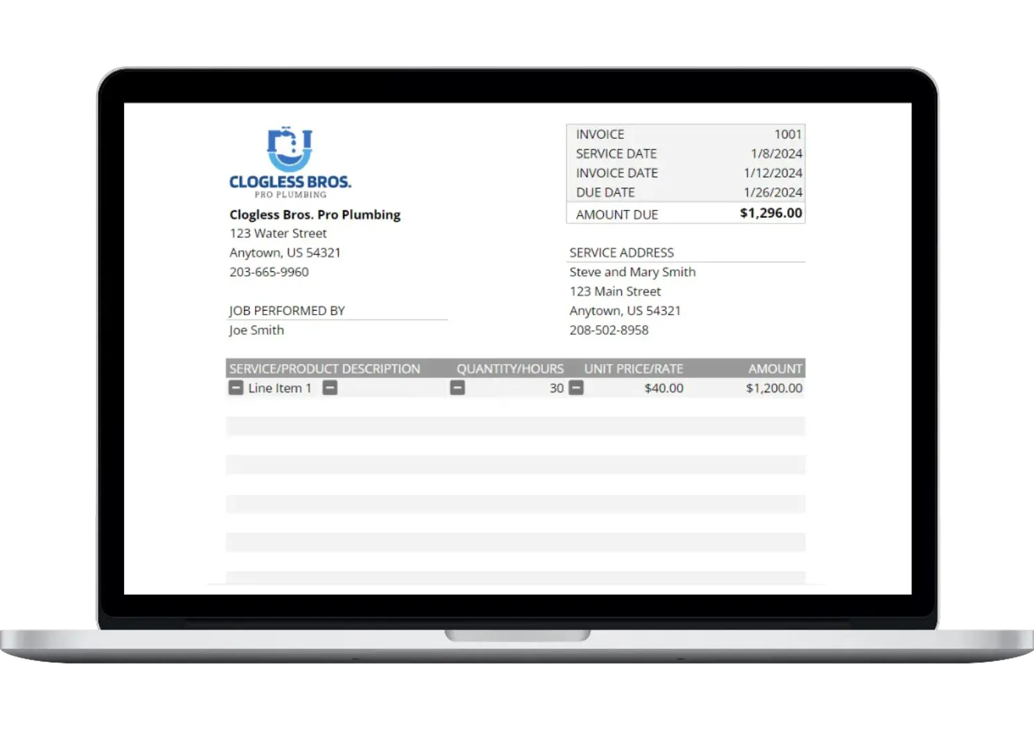 Free plumbing invoice template from Housecall Pro
