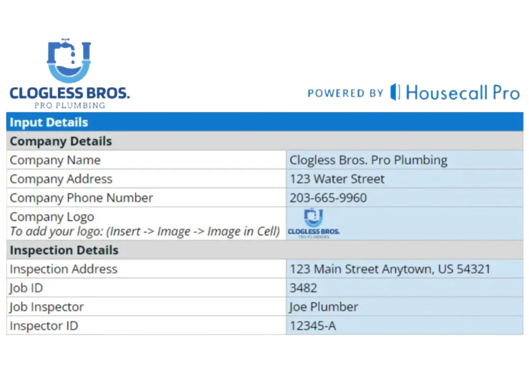 company and inspection input details for the free residential plumbing checklist template from Housecall Pro