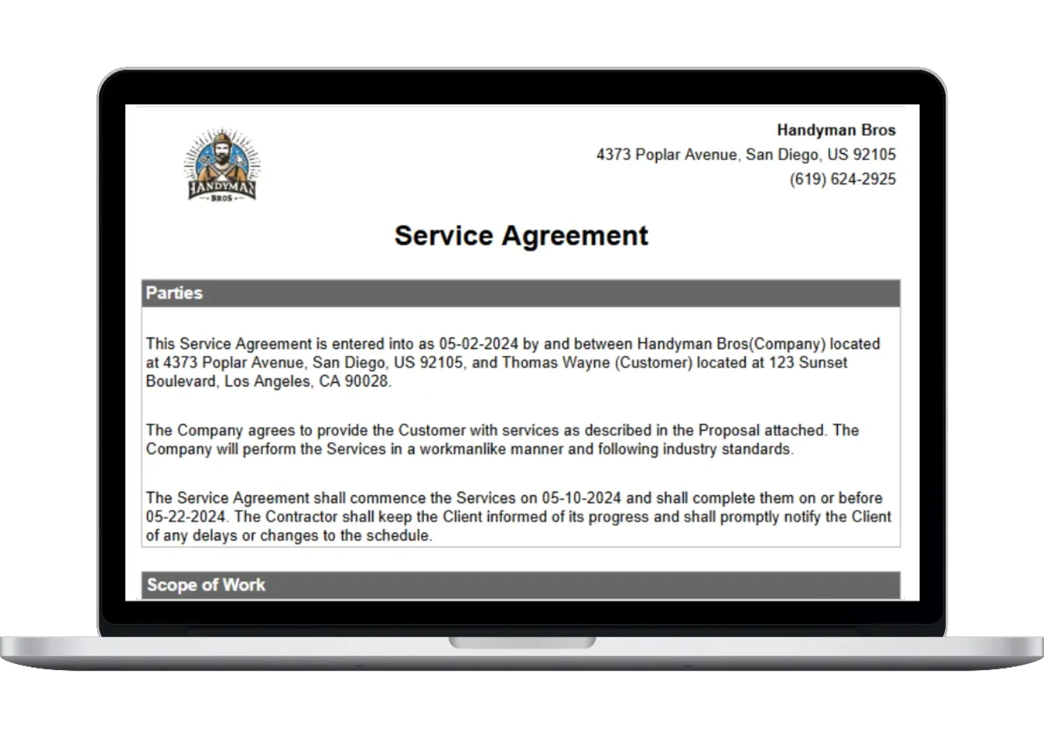 Free handyman service agreement template from Housecall Pro