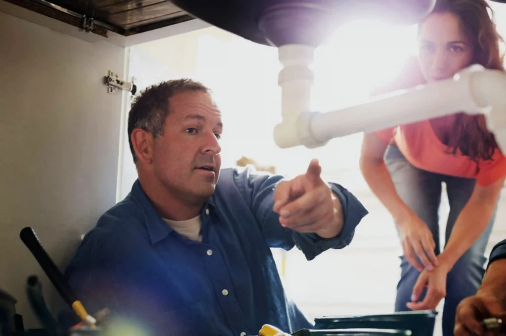 plumbing pro on the job, fixing a pipe leak under the sink