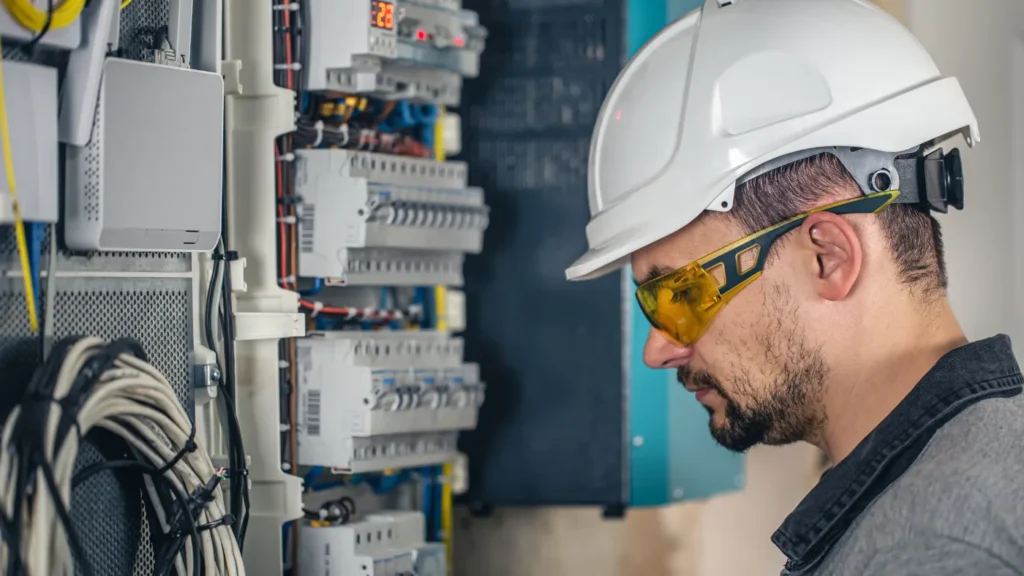 Man an electrical technician working in a switchboard with fuses
