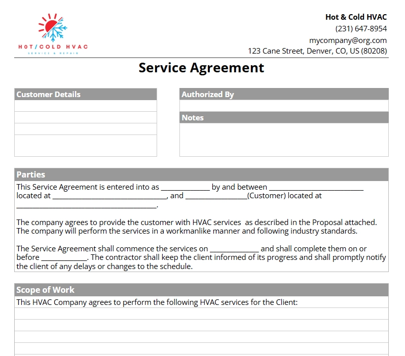 hvac service agreement blank summary