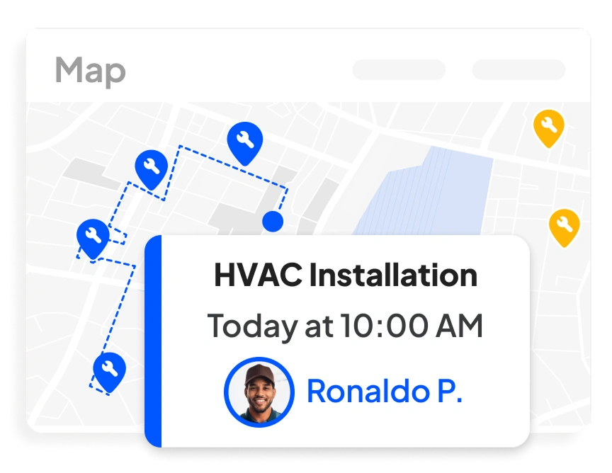 Route visualization map for HVAC installation image card intimation