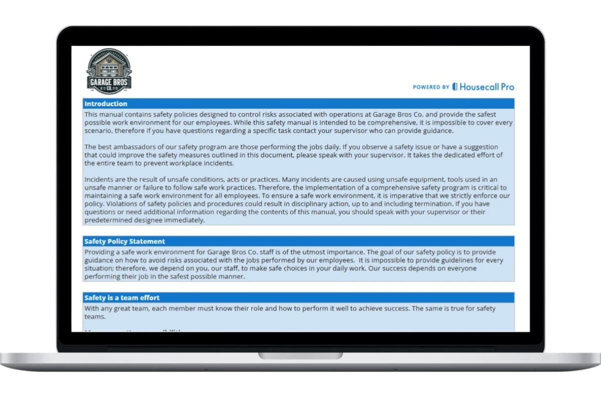 - Housecall Pro Laptop screen displaying a Garage Door Safety Manual Template with sections for Introduction, Safety Policy Statement, and Safety as a Team Effort, branded with Garage Bros Co. and powered by Housecall Pro.