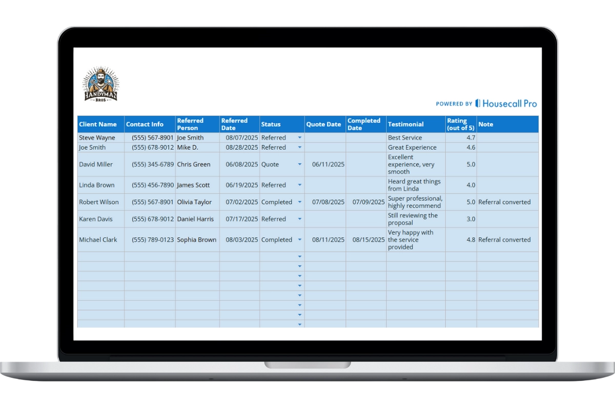 handyman client referral testimonials tracker template
