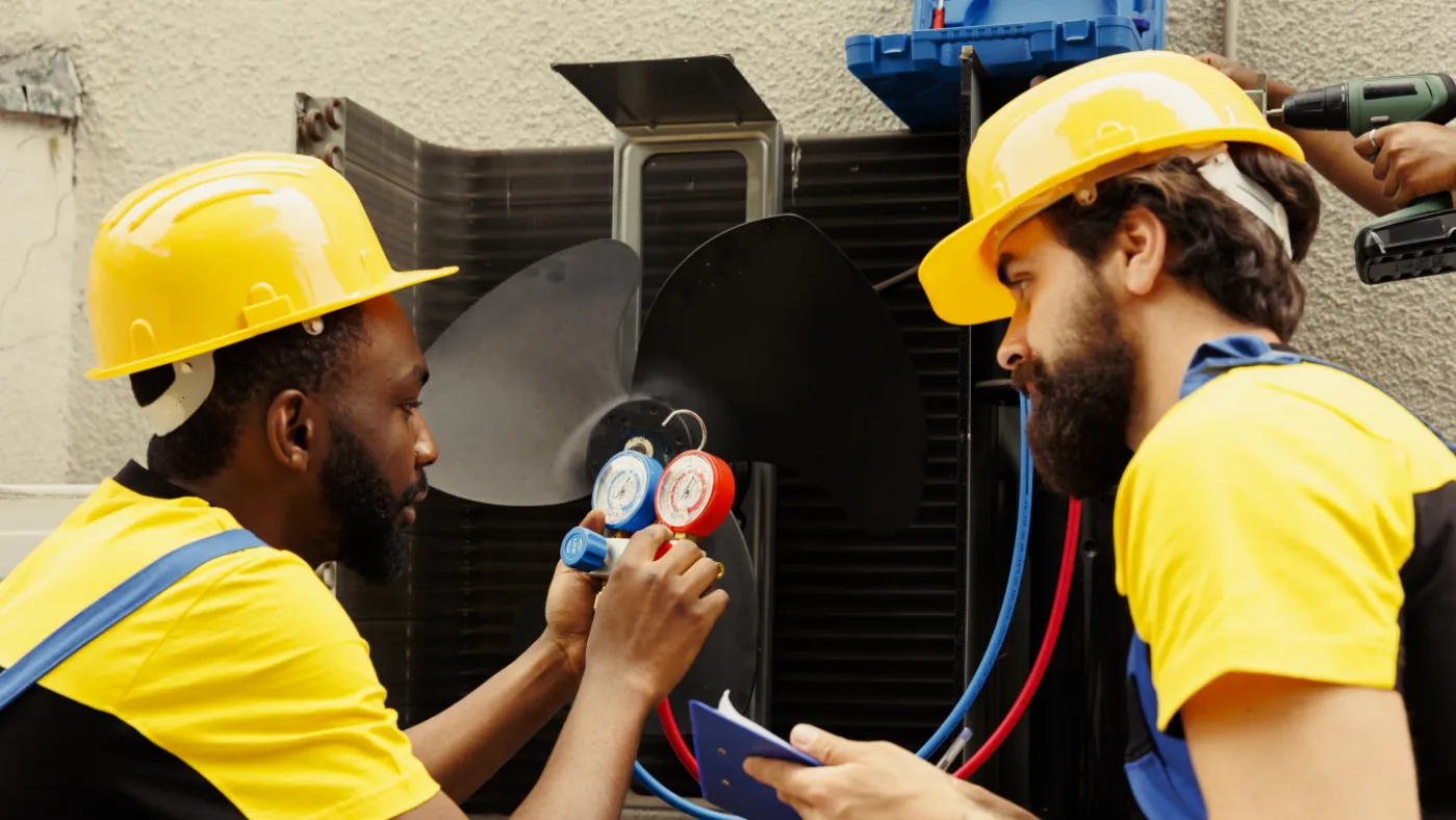 technicians expertly refilling freon external air conditioner while using manifold measurement device closely measure pressure HVAC system ensuring perfect cooling performance