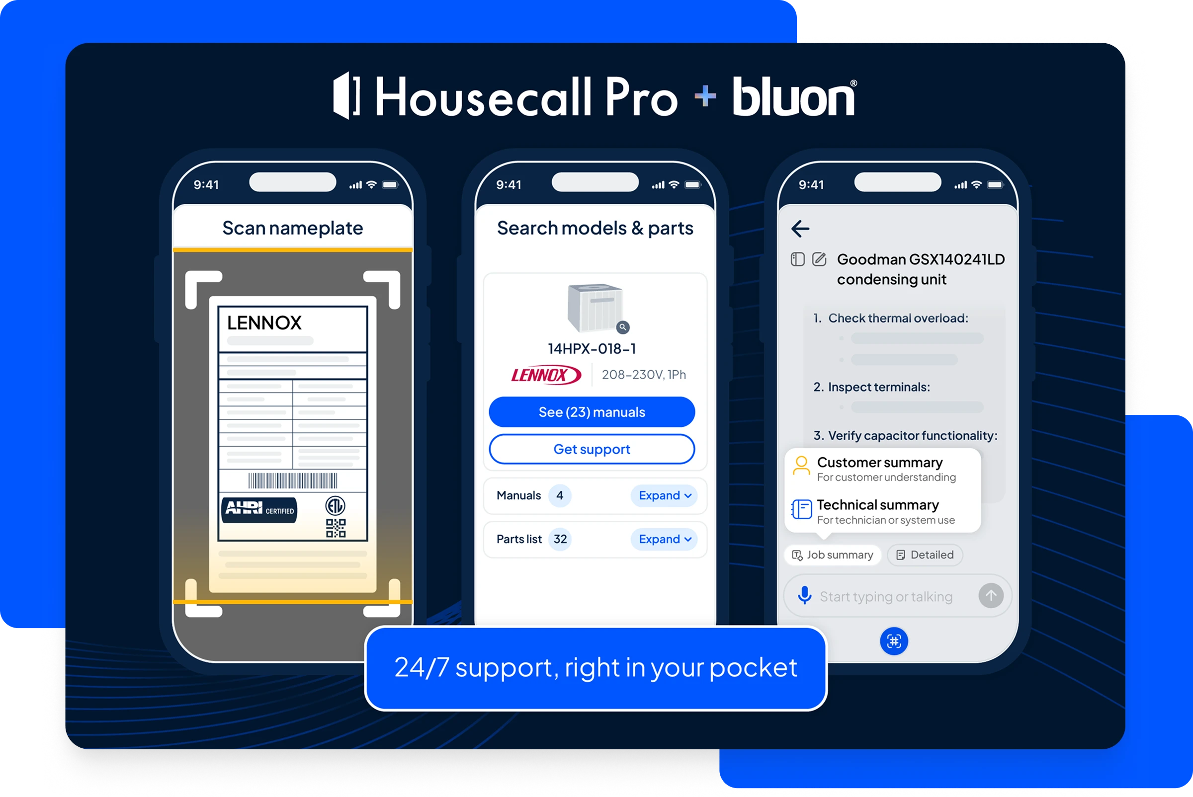Three mobile screens showing nameplate scanning, model search, and technical summary for HVAC units.