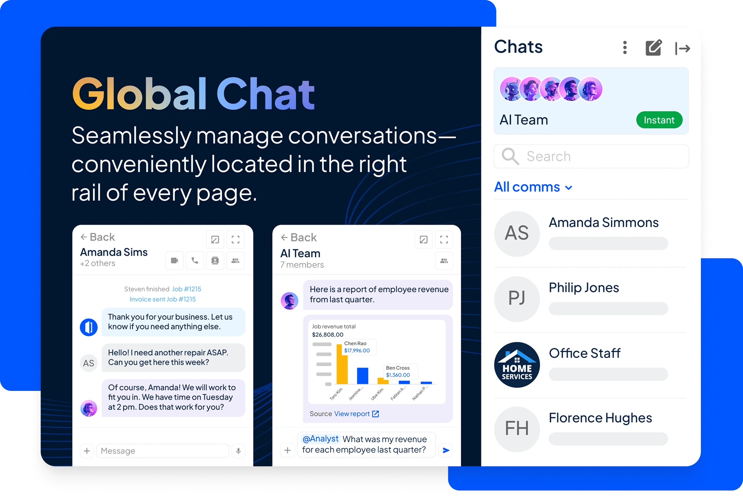 Messaging interface showing customer and team chat threads.